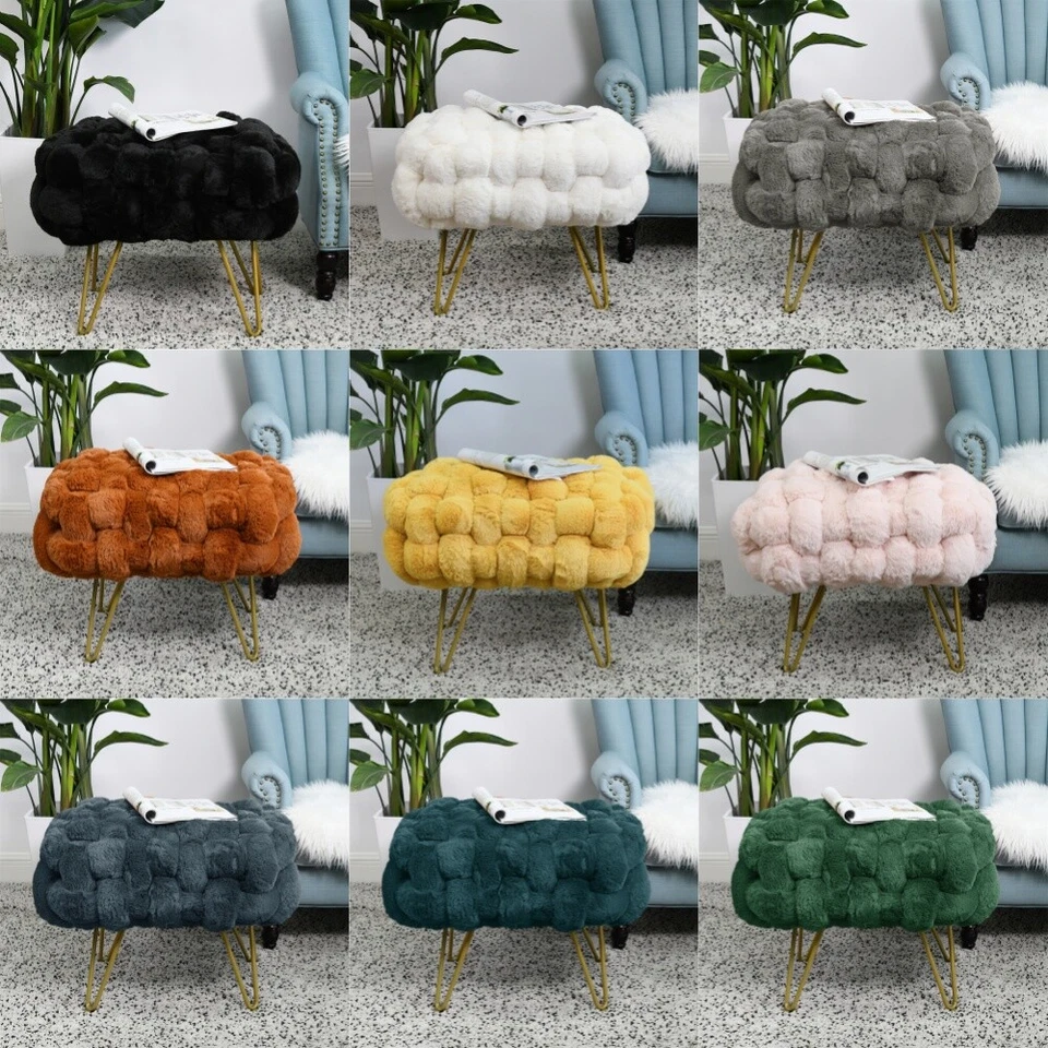 Handwoven Plush Faux Fur Vanity Stool Soft Ottoman Makeup Footrest w/ Metal Legs - Image 1 of 4