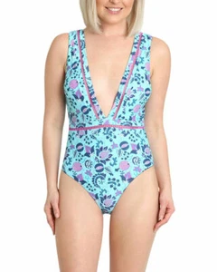 Nanette Lepore Blue Floral Plunge Neckline 1-Piece Swimsuit $162 NWT Size 12 - Picture 1 of 4