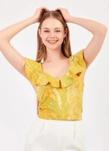 Zara Paisley Ruffle V Neck Sleeveless Top Yellow And Green Festival Hippie Sz.Lg - Picture 1 of 11