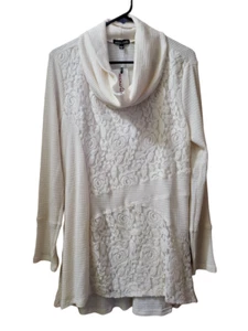 Women's RXB Natural Cowl Neck Lace Front L/S Waffle Weave Top Shirt - Sz L - New - Picture 1 of 2