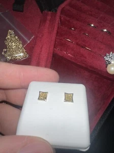 Natural Yellow Diamond And Solid Gold Earrings - Picture 1 of 3