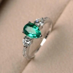 Green Emerald Dainty Ring Sterling Silver Pear Cut Lab Created Gemstone Ring - Picture 1 of 5