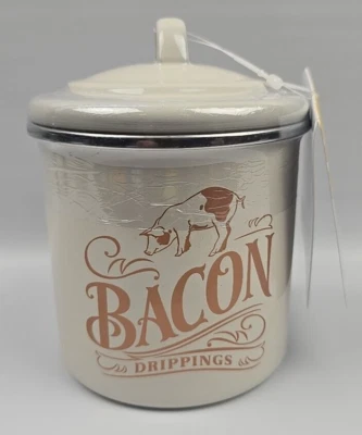 AYESHA CURRY KITCHENWARE Bacon Grease Container/Lid Twilight Beige Heavy Gauge Steel Construction Can