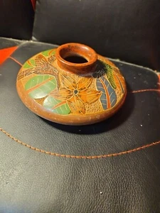 Vaso arte popolare Costa Rica ceramica incisa a mano uccellini e foglie - Foto 1 di 4