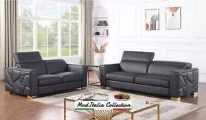 GENUINE Italian Leather Dark Navy Gray Gold 2PC Sofa Loveseat Modern Living Room - Picture 1 of 7