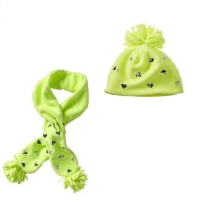 Conjunto Bufanda Sombrero Gap Niñas S/M Verde Brillante Vellón Lentejuelas Corazón Borla Invierno Acogedor Foto 1 de 4