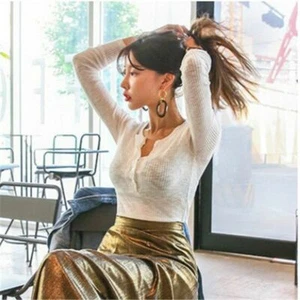 Sexy Deep V Neck Knitted White T Shirt Female Tops Women Long Sleeve Cotton - Picture 1 of 13