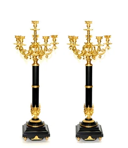 Pair of 6 Light Empire Marble Stand Bronze Candelabra - Picture 1 of 10