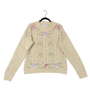 ERIKA Hand Knit 3D Floral Embroidered Cable Knit Cottagecore Sweater SIZE MEDIUM - Picture 1 of 12