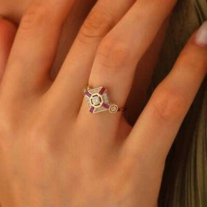 14K Yellow Gold Plated Vintage style Art Deco Moissanite & Ruby Engagement Ring - Picture 1 of 8