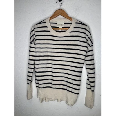 Cynthia Rowley XL 码条纹奶油色羊绒圆领毛衣豪华柔软 — 第 1/4 张图片