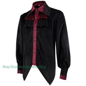 Men Gothic Lace Velvet Shirt Top Victorian Retro Steampunk Button Ruffle Summer - Picture 1 of 12