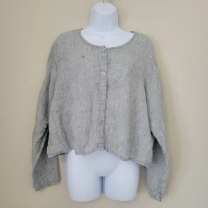 Flax Womens 100% Linen Top Long Sleeve Button Front Light Grey Sz Med Coastal - Picture 1 of 13