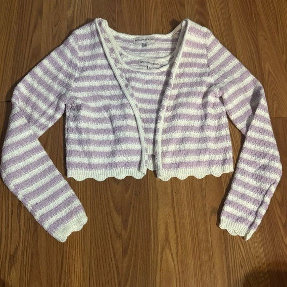 Conjunto sin mangas suéter tejido blanco púrpura a rayas sauce y viento talla L festoneado Y2k Foto 1 de 4