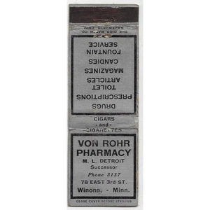 Vintage Matchbook Cover Von Rohr Pharmacy Winona Minn. Fountain Service FS - Picture 1 of 3