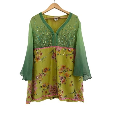 Diane Gilman 100% Silk Floral Sequin Blouse Womens 2X Cottagecore Fairy Whimsy - Image 1 of 4