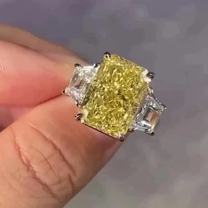4.6CT Radiant Cut Lab Grown Fancy Vivid Yellow Diamond Three Stone Ring 14K Gold - Picture 1 of 12