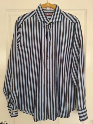 Camisa de Vestir Robert Graham Abotonada Talla 42 16.5 Grande Azul Gris Rayas Algodón Foto 1 de 4