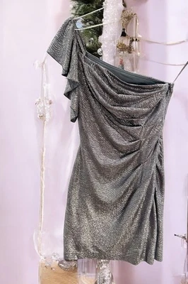 PARTY READY! Adrianna Papell Dress ~ XS Cocktail Silver Shimmer Shoulder Ruffle - Image 1 of 4