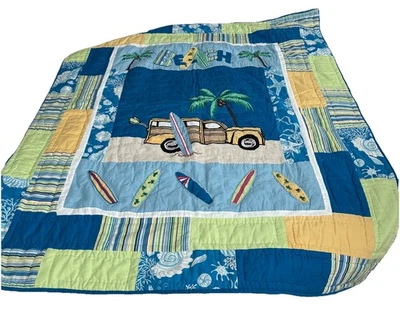 Quilt Cotton/Linen 50”x60” Appliqué At The Beach Colorful Coastal Reversible EUC - Image 1 of 4