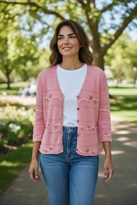 Real Comfort by Chadwick’s Button Front Coral Knit Sweater Cardigan Embroidered - Picture 1 of 7