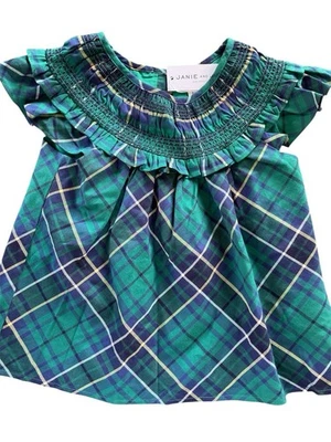 Janie and Jack NWT Green Plaid 100% Woven Cotton Ruffled Sh Sl Tunic  Blouse-8Yr - Image 1 of 4