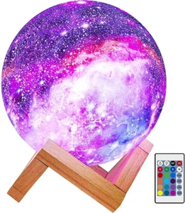 Kids Night Galaxy Lamp 5.9-Inch 16 Colors LED 3D Star Moon Light with Wood Stand - Picture 1 of 9