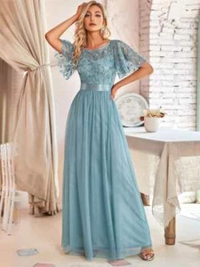 2023 New New Women's A-line Sequin Mesh Leaf Ball Dress O-Neck Hot - Picture 1 of 29