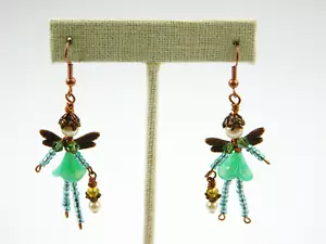 Super Cute Fairy w/Lanterns Faux Pearl Glass Beaded Dangle Drop Earrings Copper - Picture 1 of 5