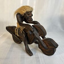 Primitive Tiki Java Tribal Men on Motorcycle Hand Carved Wooden Sculpture