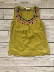 Boden 100% linen top in mustard with pink beige & mauve trim size 8 - Picture 1 of 5