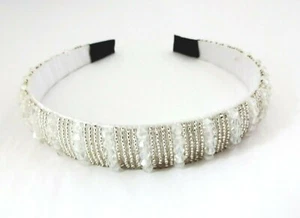 Bridal Headband White Silver Glass Beads Flexible Wedding Prom - Picture 1 of 7