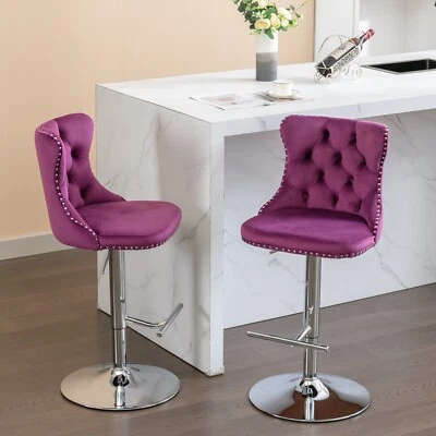 2 Set Swivel Velvet Barstools 25-33" Height Kitchen Bar Dining Chairs   Purple - Image 1 of 4