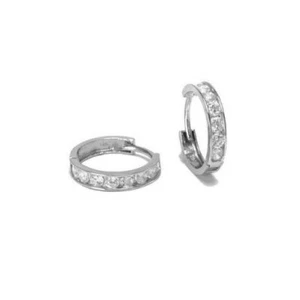 11mm Small Single Row Round Cut CZ Huggie Hoop Earrings Real 14K White Gold - Picture 1 of 1