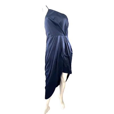 Lulus Womens Dress M Blue Asymmetrical Midi Sleek Satin Cocktail Balletcore Flow - Image 1 of 4