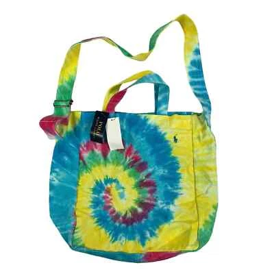 Bolsa tote Polo Ralph Lauren azul e amarela tingida de gravata alça ajustável NOVA MSRP $110 - Imagem 1 de 3