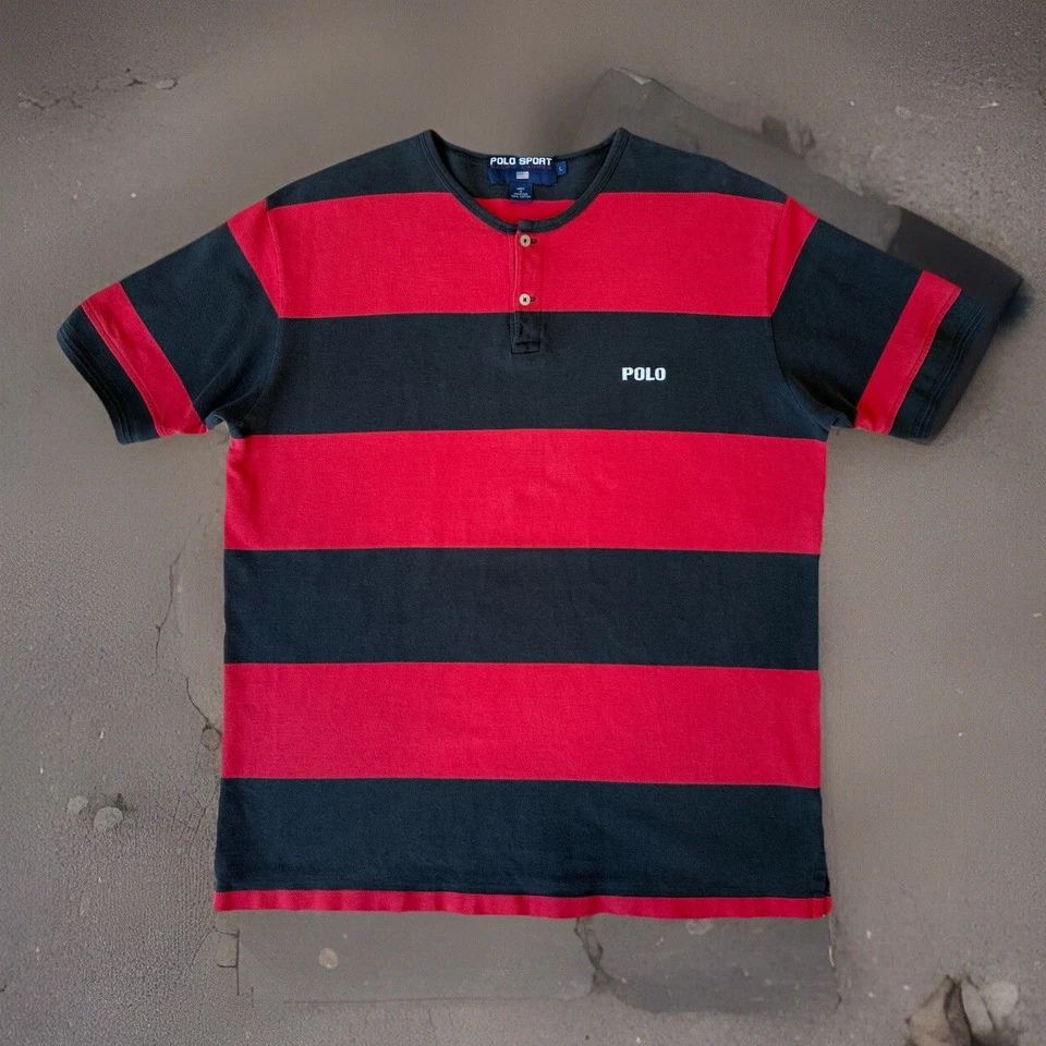 Винтажная спортивная рубашка Polo L красная черная в полоску 90 короткий рукав Henley New York RRL - Изображение 1 из 4