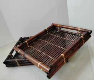 Vintage Pair of Bamboo Serving Trays Dark Wood 16x13x2 - Picture 1 of 16