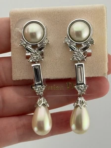 Vintage Christian Dior Kristall Faux Perle Träne Silber Ton Clip auf Ohrringe - Bild 1 von 14