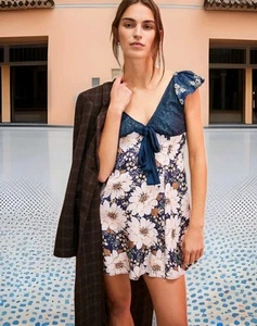 Free People Aurora XS Dress Relaxed Floral A-line Mini Navy Combo NWOT $148 - Picture 1 of 7