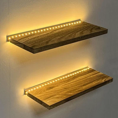COMTELEK Floating Shelves for Wall Decor Wood Wall Mounted Shelves with LED Lights Set...