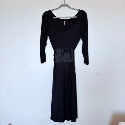 Three Dots Black Long Sleeve Jersey knit Maxi Dress W/ Satin Silk Sash Belt XL - Image 1 of 4