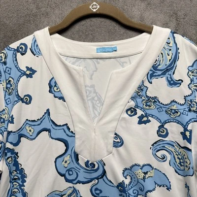 Top túnica J.McLaughlin para mujer grande blanco azul cachemira elástica costera boho Foto 1 de 4