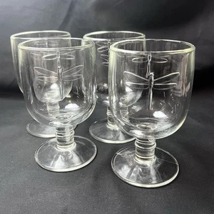 Set of 4 Unmarked Clear Stemmed Dragonfly Glasses Goblets (2 Sets Available) - Picture 1 of 3