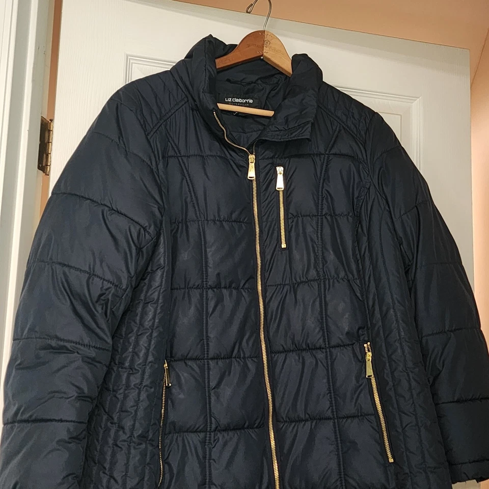 Liz Claiborne Mujer Talla 1X Acolchado Puffer Invierno Abrigo Chaqueta Azul Marino Imitación Piel Capucha Foto 1 de 4