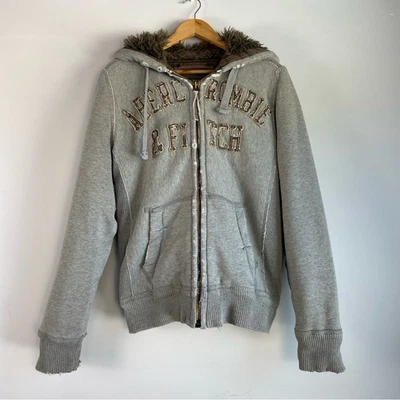 Abercrombie Fitch Wolf Jaw Jacket Mens Small Grey Faux Fur Hoodie Vintage Y2K - Image 1 of 4