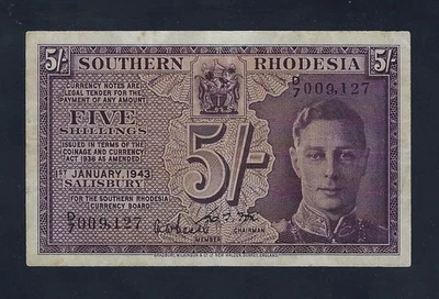 Southern Rhodesia 5 shillings small 1943 P-8 VF+ rare date - Image 1 of 2