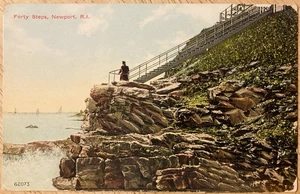NEWPORT, RI. C.1910 PC. (A3)~VIEW OF FORTY STEPS ALONG THE OCEAN - Picture 1 of 2