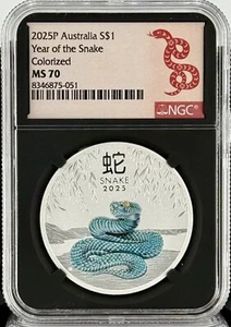 2025 Australia Lunar Snake Colorized 1 oz Silver Coin NGC MS 70 Black Core - Picture 1 of 5