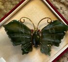 Jade And Ruby 14K Yellow Gold Vintage Butterfly Pendant Brooch Pin